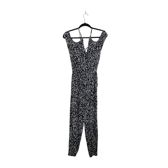 Express Black & White Ditsy Floral Print Cutout Cropped Jumpsuit Xsmall Women’s - Picture 3 of 13